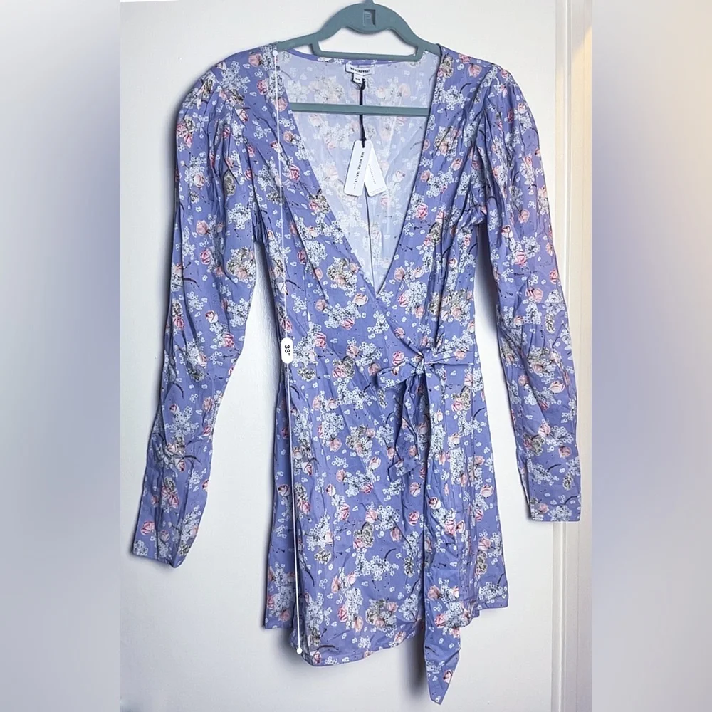 Sexy Summery WeWoreWhat Blanca Floral & Periwinkle Puff-Sleeve Wrap Mini Dress - Picture 10 of 12